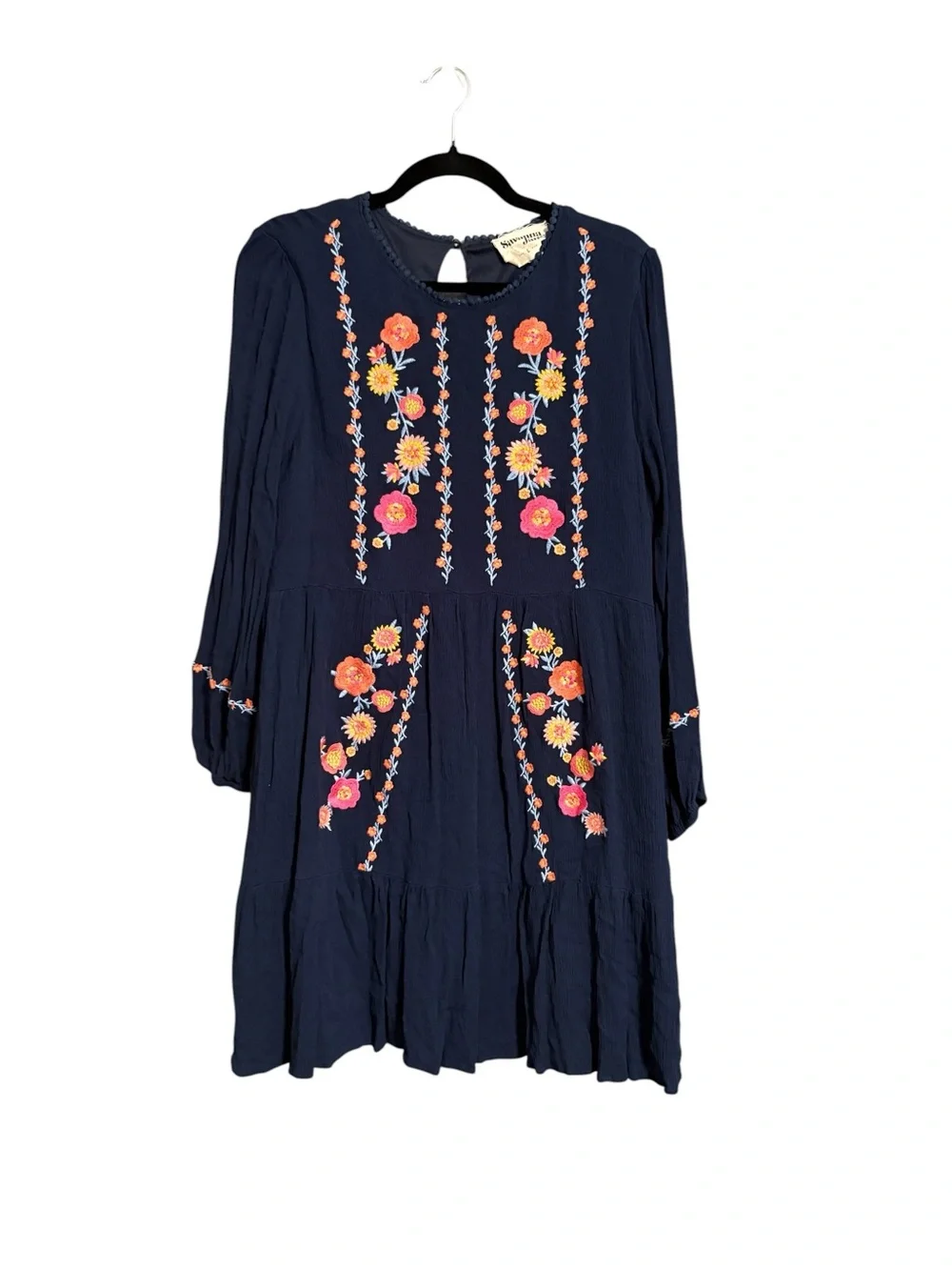Savanna Jane Embroidered Boho Navy Babydoll Dress Large - Picture 3 of 6
